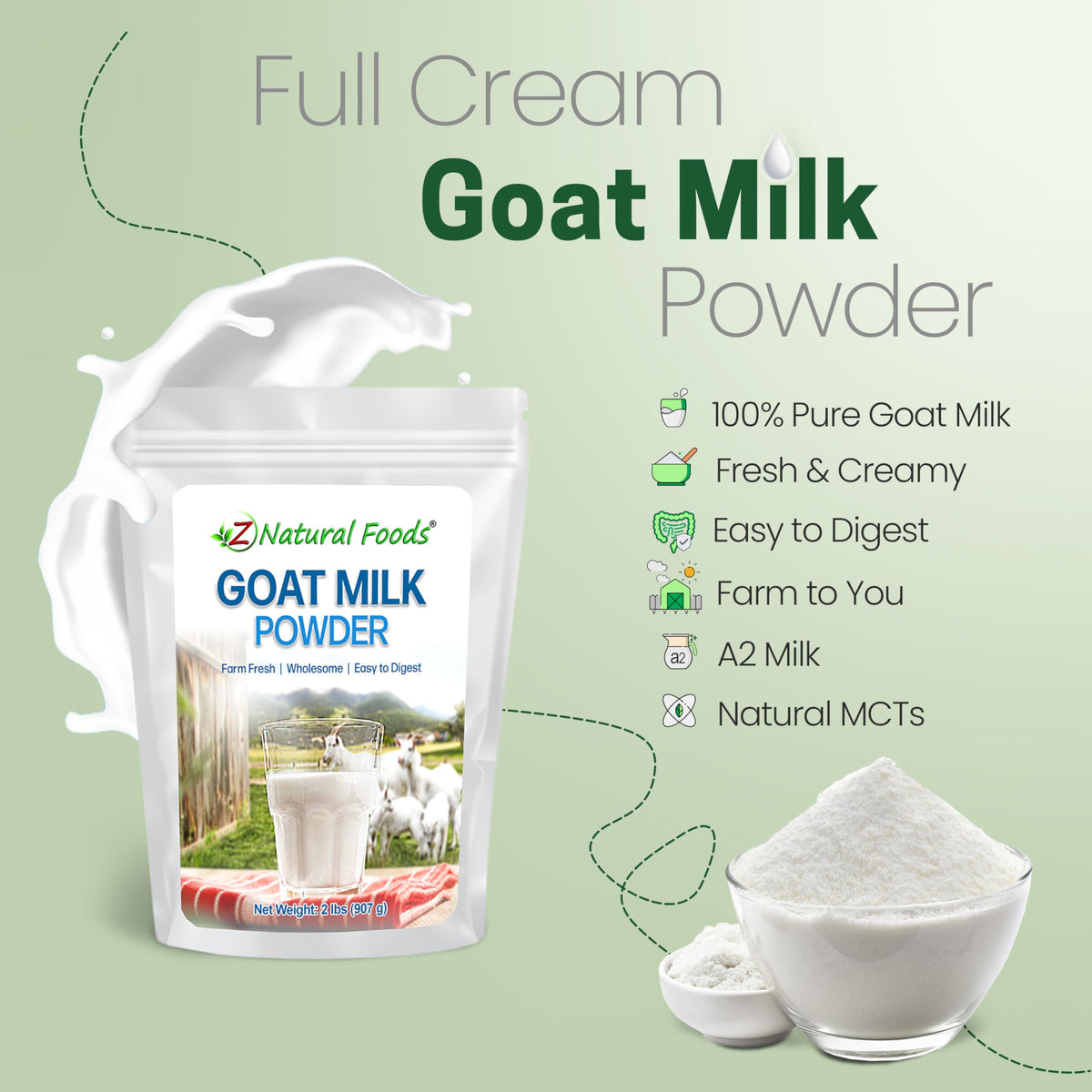 Measuring scoop with Z Natural Foods Goat Milk Powder for precise portions