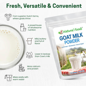 Packaging displayed for pantry storage of Z Natural Foods Goat Milk Powder.