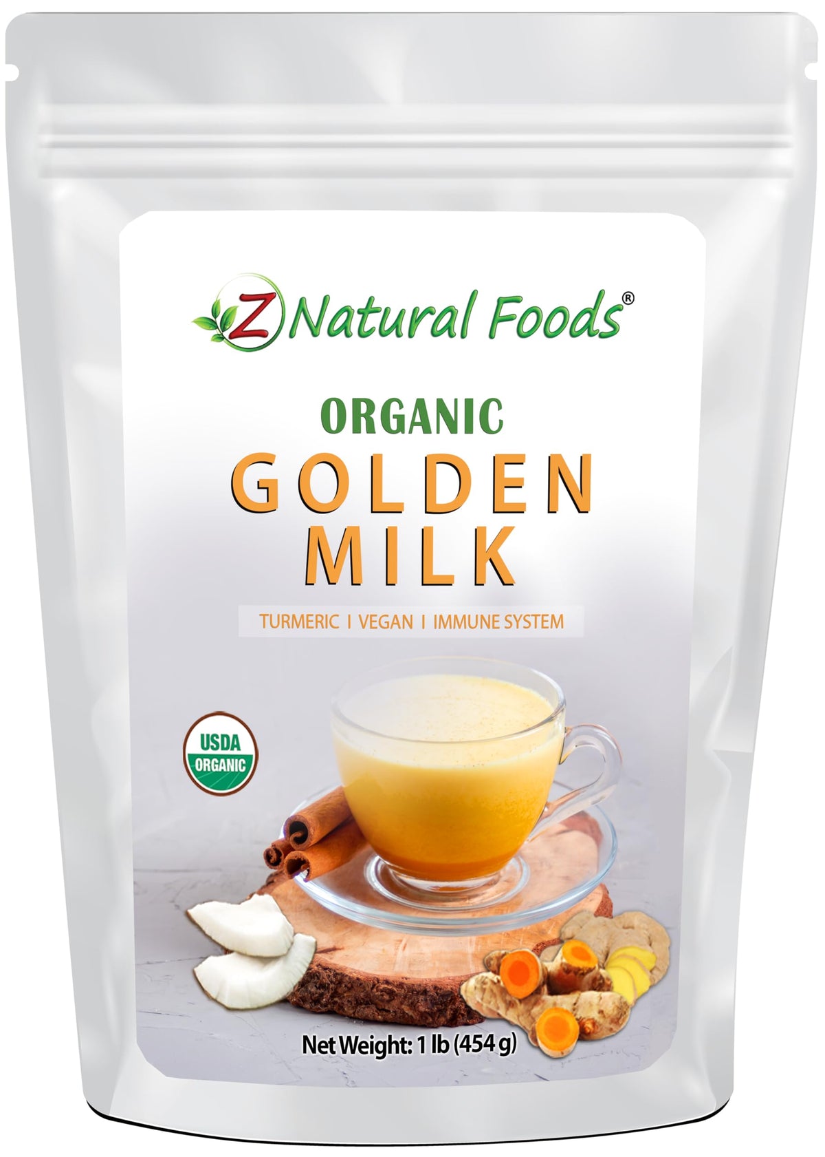 Z Natural Foods Golden Milk Powder scoop with turmeric blend for a creamy latte