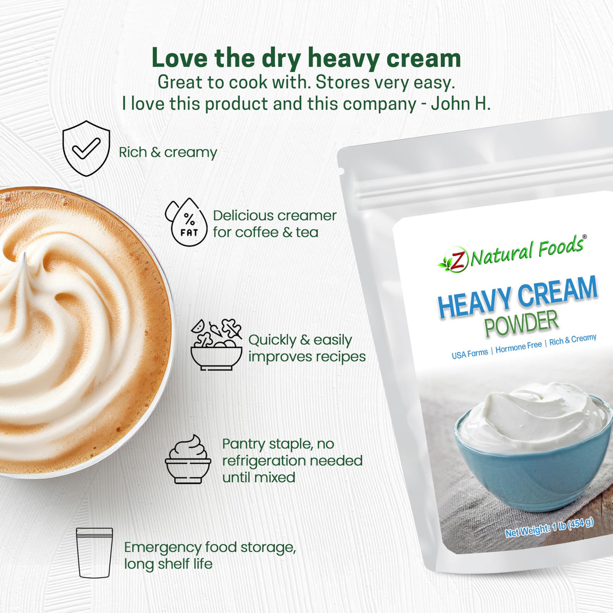 Z Natural Foods heavy cream powder shown as keto-friendly gluten-free ingredient.