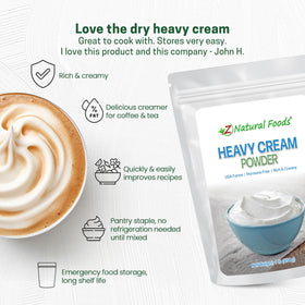 Z Natural Foods heavy cream powder shown as keto-friendly gluten-free ingredient.