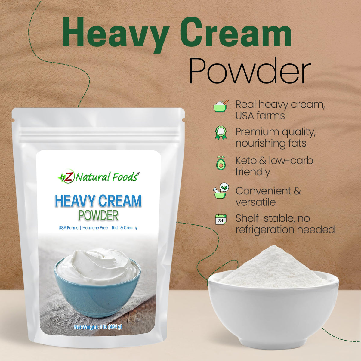 Z Natural Foods heavy cream powder mixed with water to create rich creaminess.