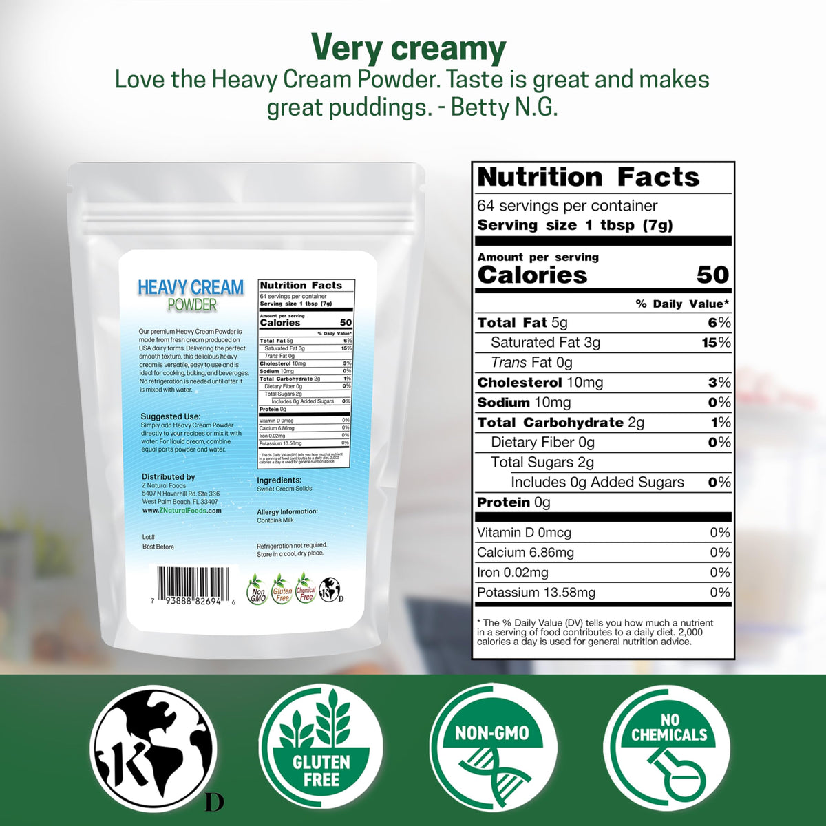 Z Natural Foods heavy cream powder being poured for a creamy coffee or smoothie.