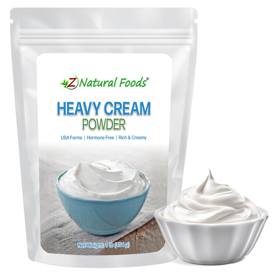 Z Natural Foods heavy cream powder packaging shown as a pantry-friendly dairy alternative.