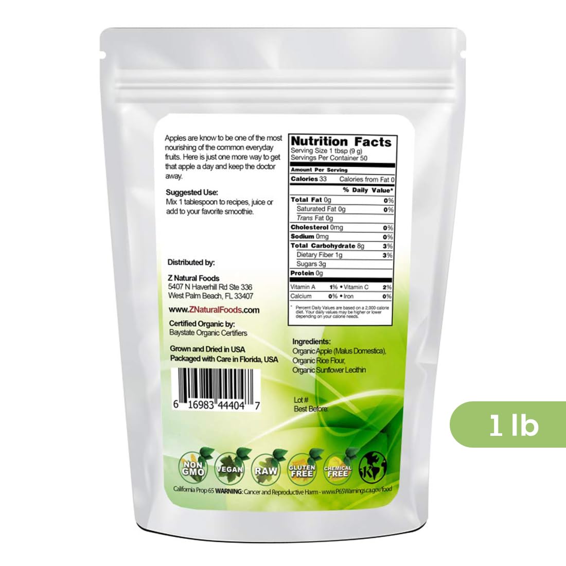 Scoop of Z Natural Foods Organic Apple Powder beside bottle for measuring