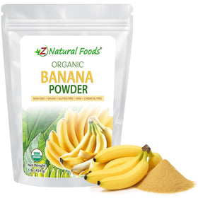 Z Natural Foods Organic Banana Powder bottle highlights convenient fiber and vitamin support.