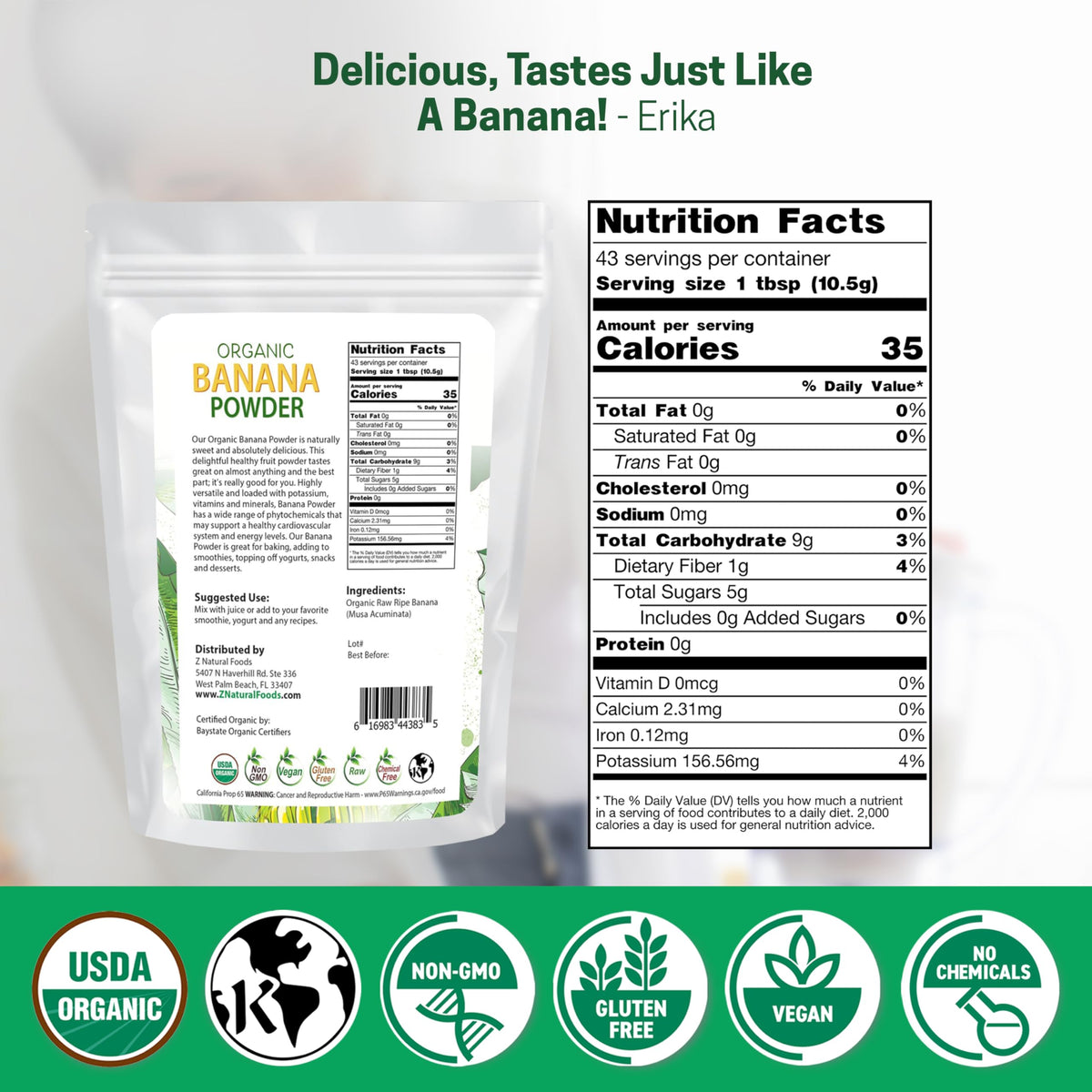 Z Natural Foods Organic Banana Powder scoop for easy portioning in smoothies.