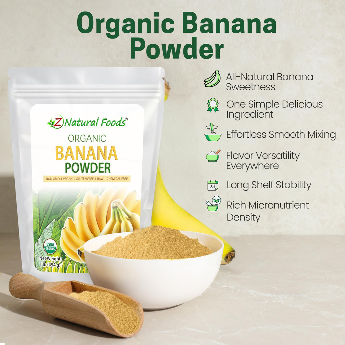 Z Natural Foods Banana Powder in smoothie glass reveals real banana flavor.
