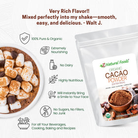 Z Natural Foods cacao powder cup of hot chocolate highlights indulgent, authentic flavor