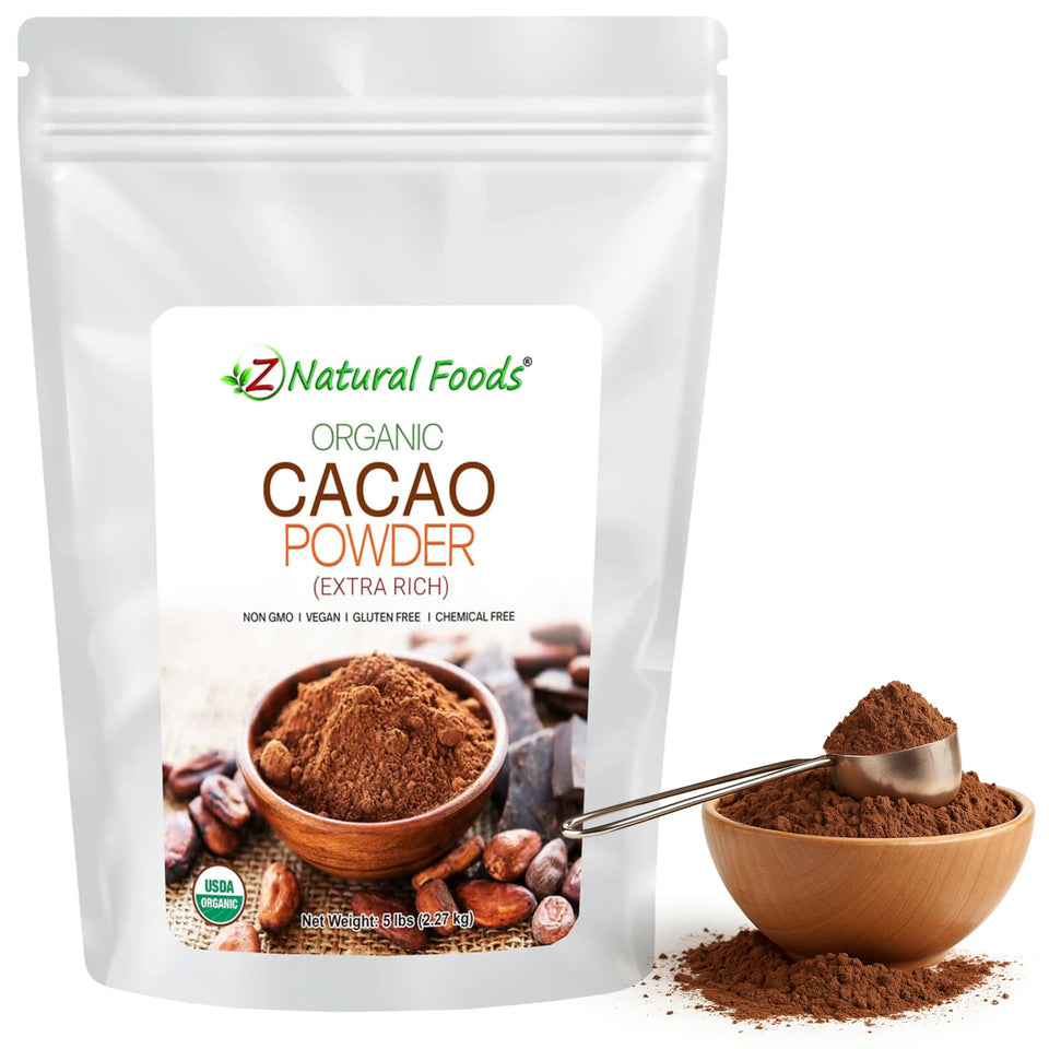 Z Natural Foods Organic Cacao Powder jar shows rich unsweetened flavor for baking and smoothies