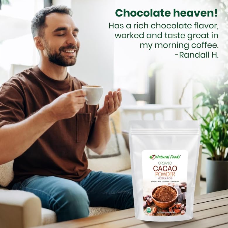 Z Natural Foods cacao powder label close-up communicates organic, unsweetened quality