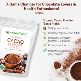 Z Natural Foods Organic Cacao Powder on spoon ready for recipes.