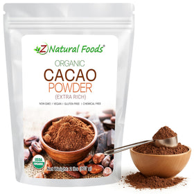 Z Natural Foods Organic Cacao Powder packaging highlights premium, non-GMO chocolate.