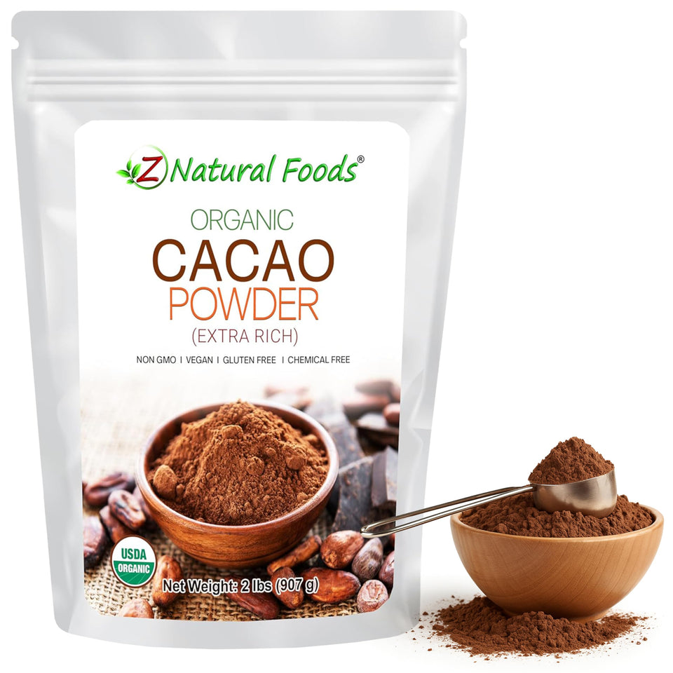 Z Natural Foods Organic Cacao Powder packaging highlights premium, non-GMO chocolate.