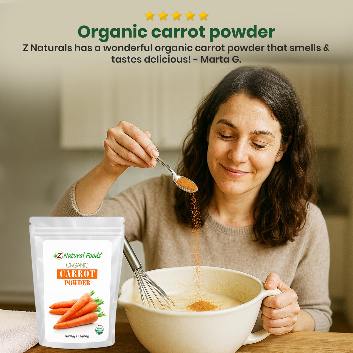 Z Natural Foods Organic Carrot Powder packaging showing organic, vegan, non-GMO attributes