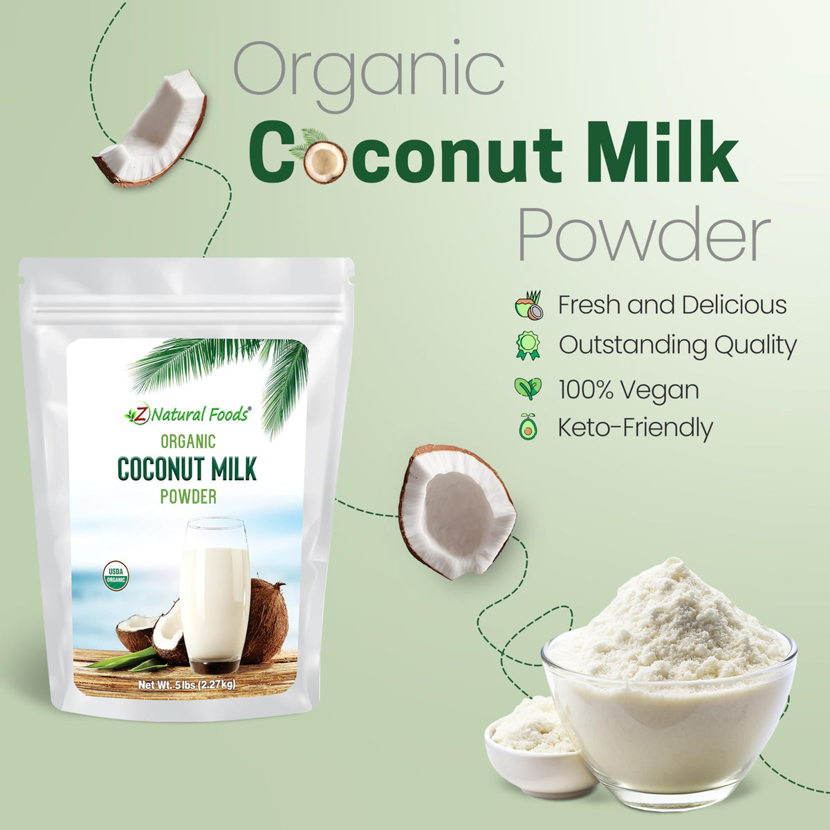 Z Natural Foods coconut milk powder jar front, organic and versatile creamer