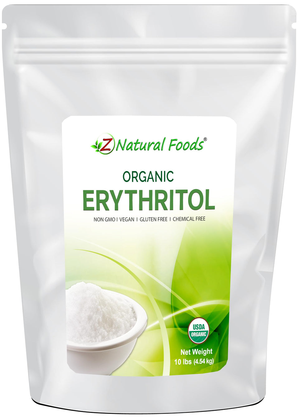 Z Natural Foods Organic Erythritol 10 lb bulk bag with pour spout for easy sweetening.