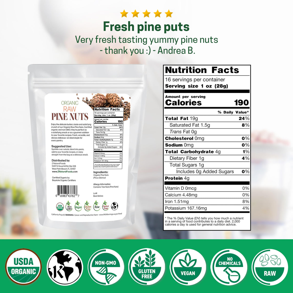 Z Natural Foods raw organic pine nuts ready to add protein to salads
