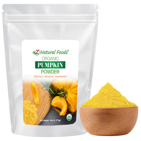 Z Natural Foods Organic Pumpkin Powder bag showcases pure pumpkin, great for fiber and flavor