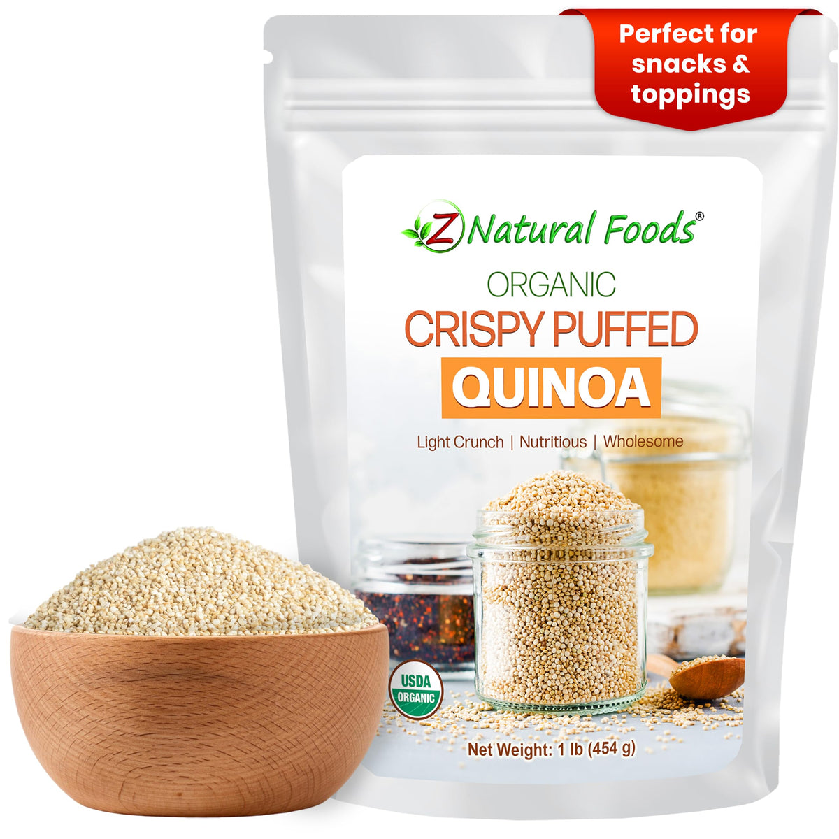 Z Natural Foods Organic Crispy Puffed Quinoa in a bowl delivers a crunchy, protein-rich snack.