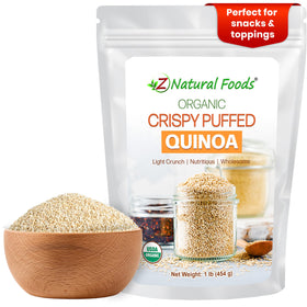 Z Natural Foods Organic Crispy Puffed Quinoa in a bowl delivers a crunchy, protein-rich snack.