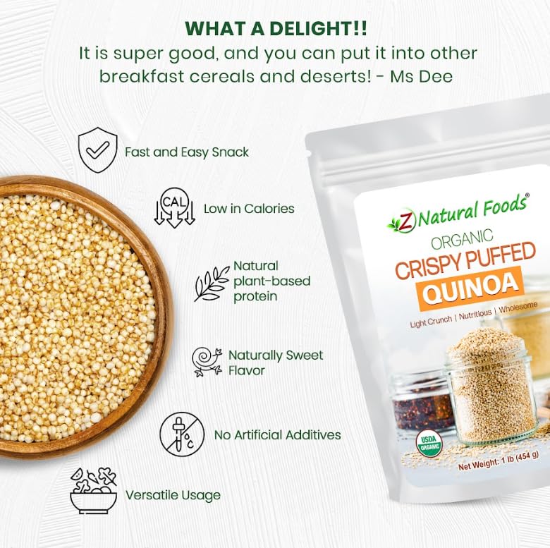 Z Natural Foods Quinoa Crispies as cereal topping add crunch and nutrition.