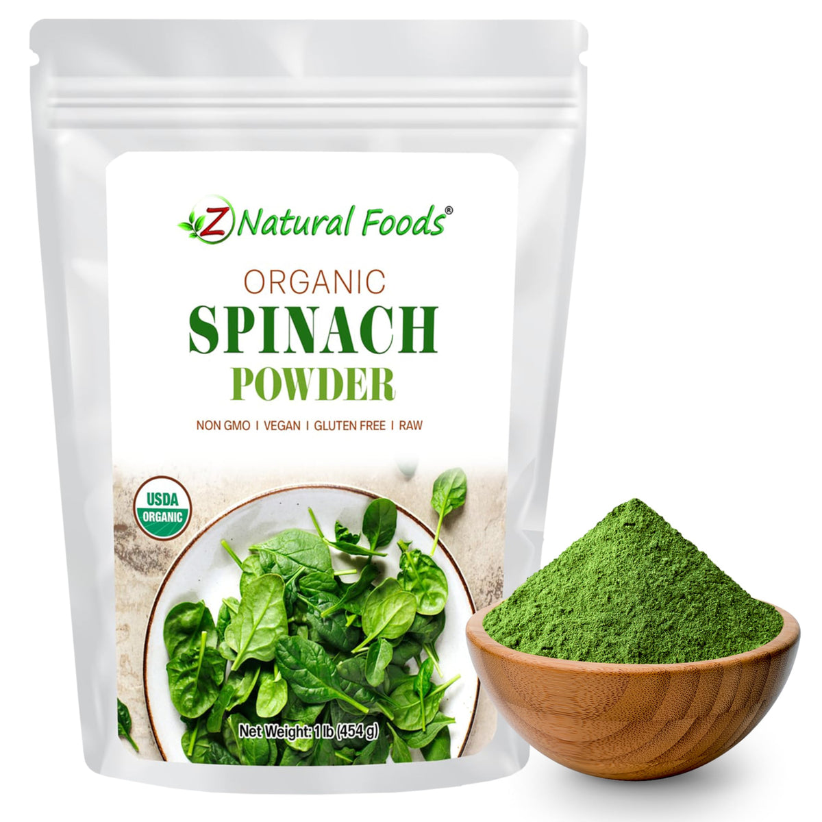 Z Natural Foods organic spinach powder bag front shows purity and greens