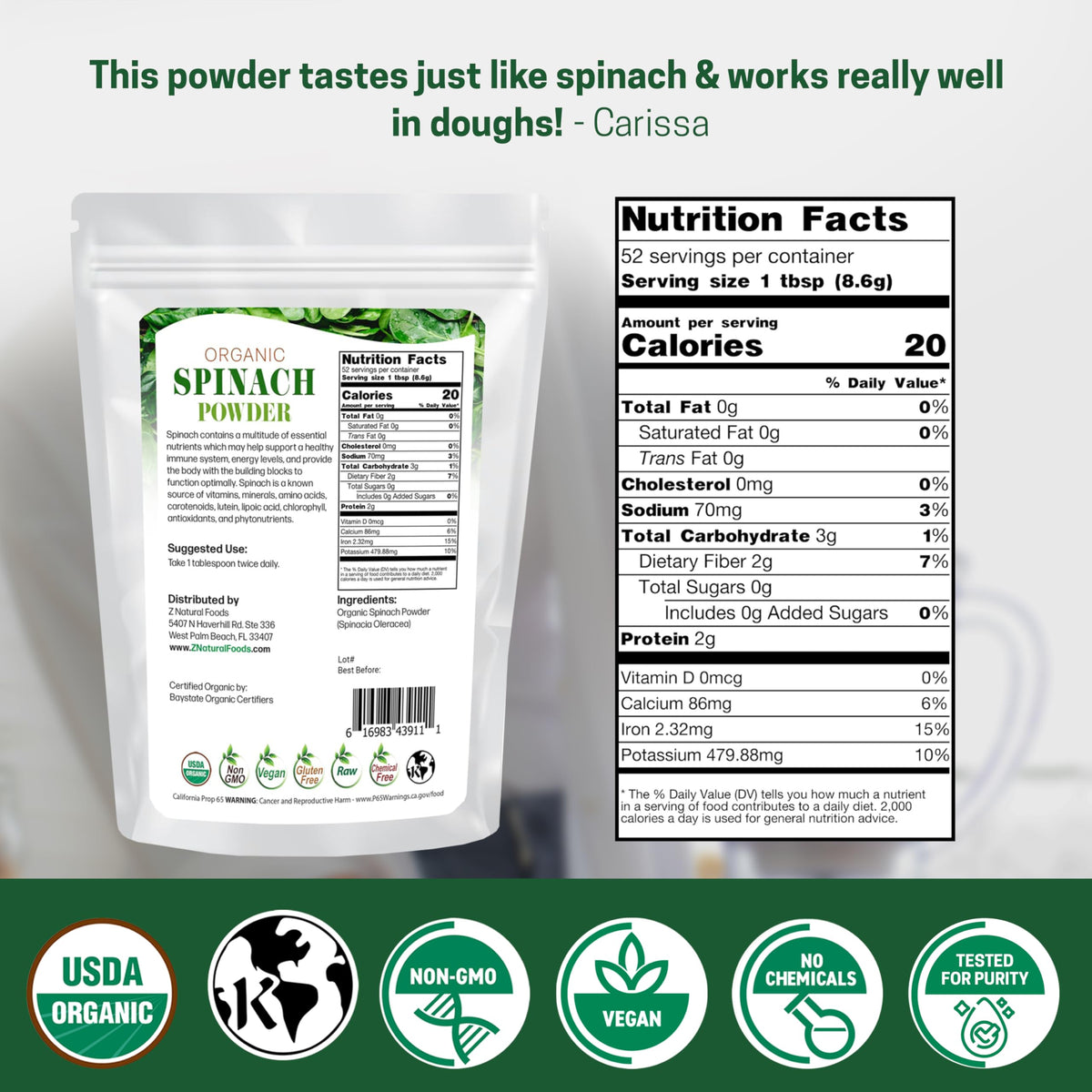 Z Natural Foods spinach powder bag side displays organic certification and ingredients