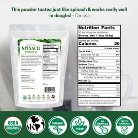 Z Natural Foods spinach powder bag side displays organic certification and ingredients
