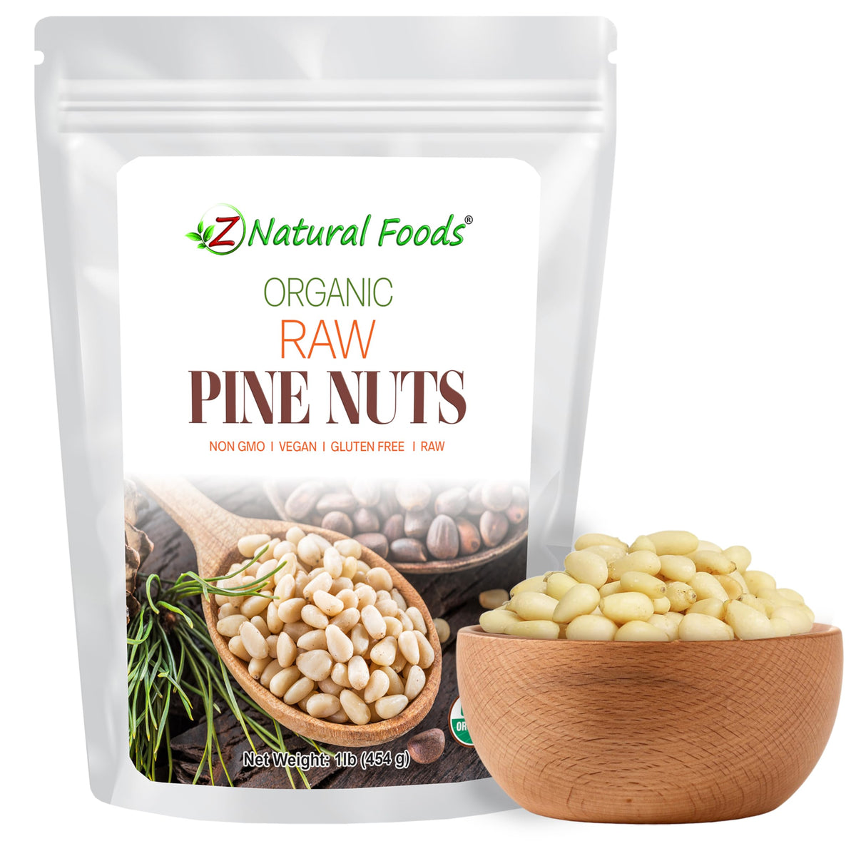 Z Natural Foods Organic Pine Nuts in airtight foil packaging preserve freshness for pesto