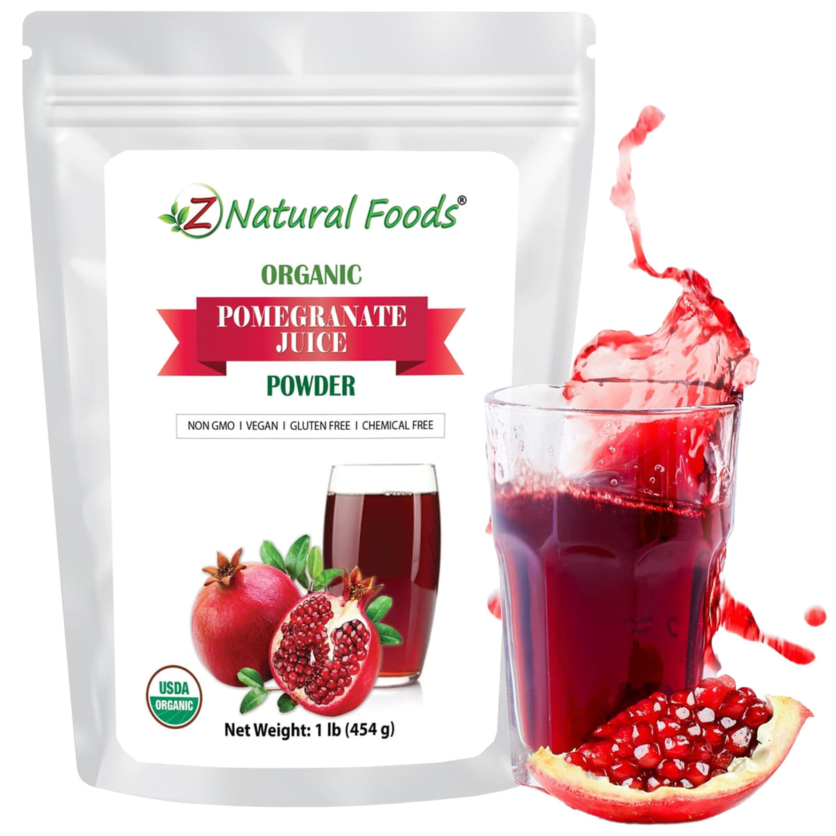 Z Natural Foods Pomegranate Powder in bag offers easy, year-round nutrition for smoothies and bowls.