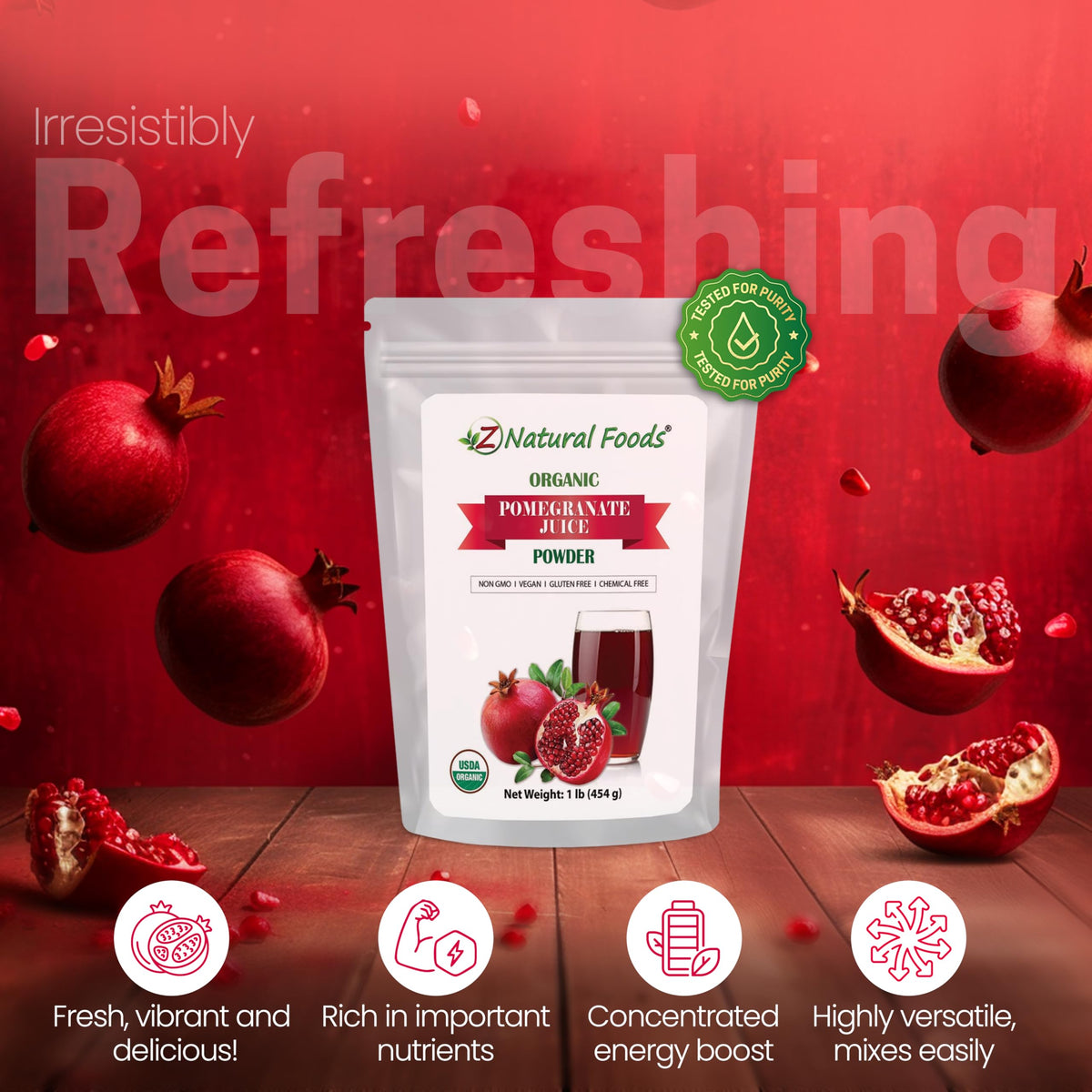 Z Natural Foods Pomegranate Powder dissolving in water demonstrates quick, versatile mixing.
