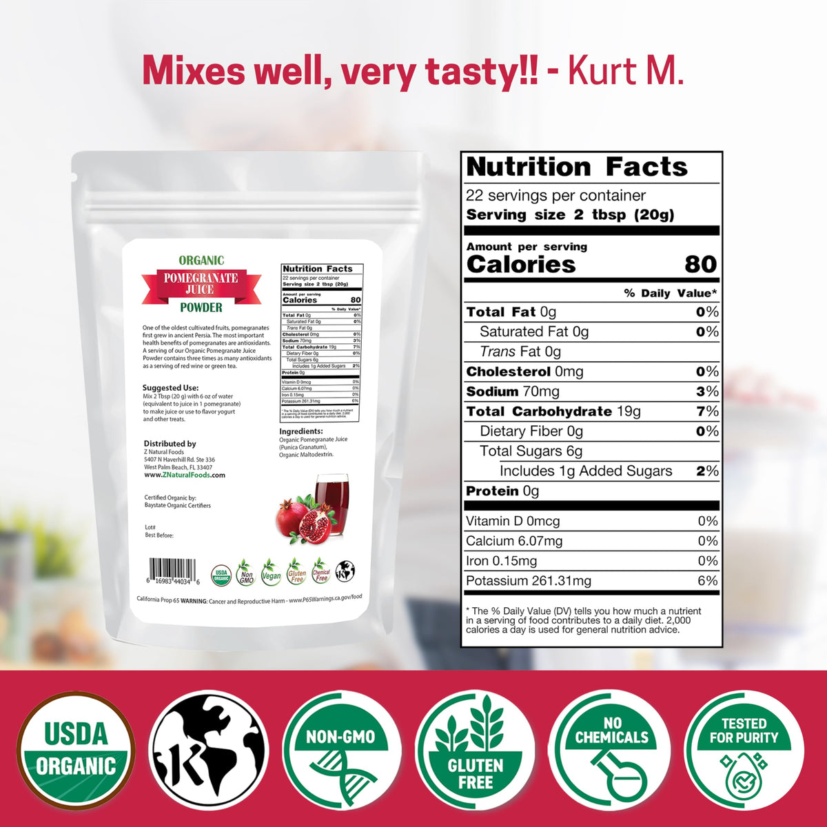 Z Natural Foods Pomegranate Powder with scoop ensures precise daily portions.