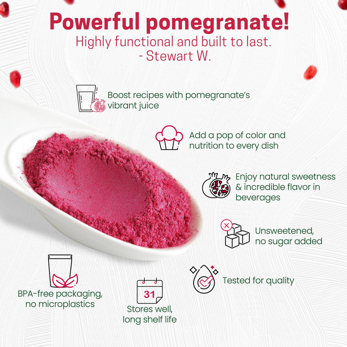 Z Natural Foods Pomegranate Powder in smoothie bowl highlights vibrant color and fruity flavor.