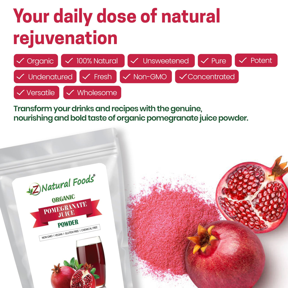 Z Natural Foods Pomegranate Powder tea infusion emphasizes subtle tart notes.