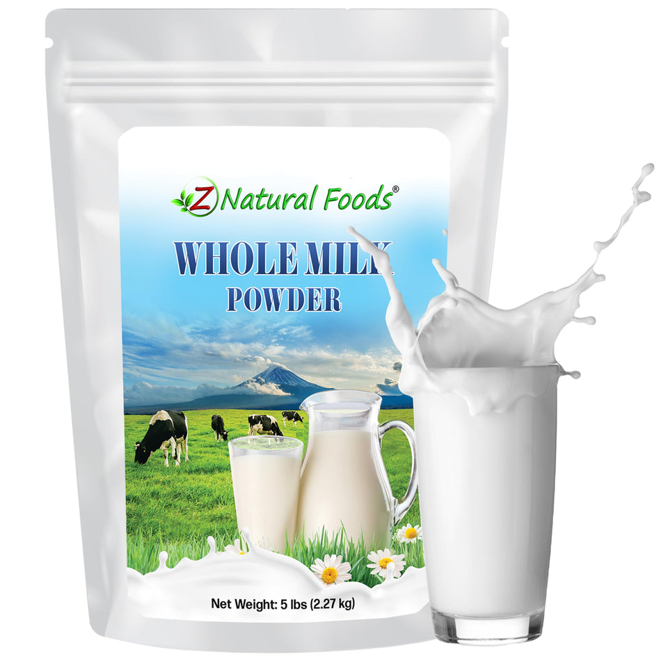 Z Natural Foods premium whole milk powder bottle showing versatile baking ingredient.