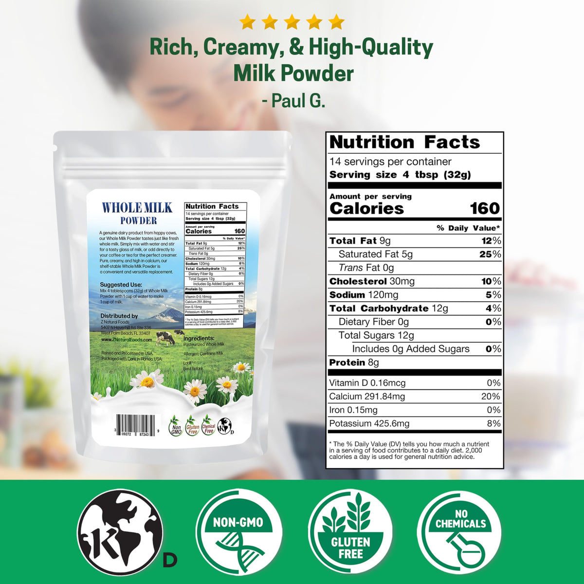 Z Natural Foods whole milk powder cup ready for coffee or baking prep
