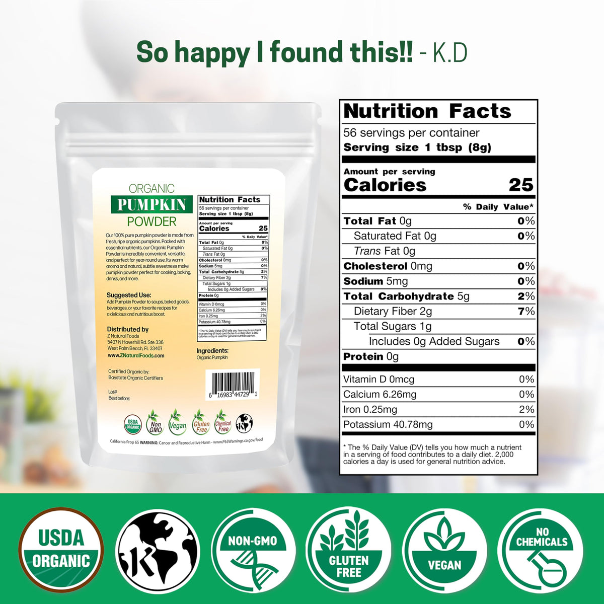 Z Natural Foods pumpkin powder bag open for easy recipe access