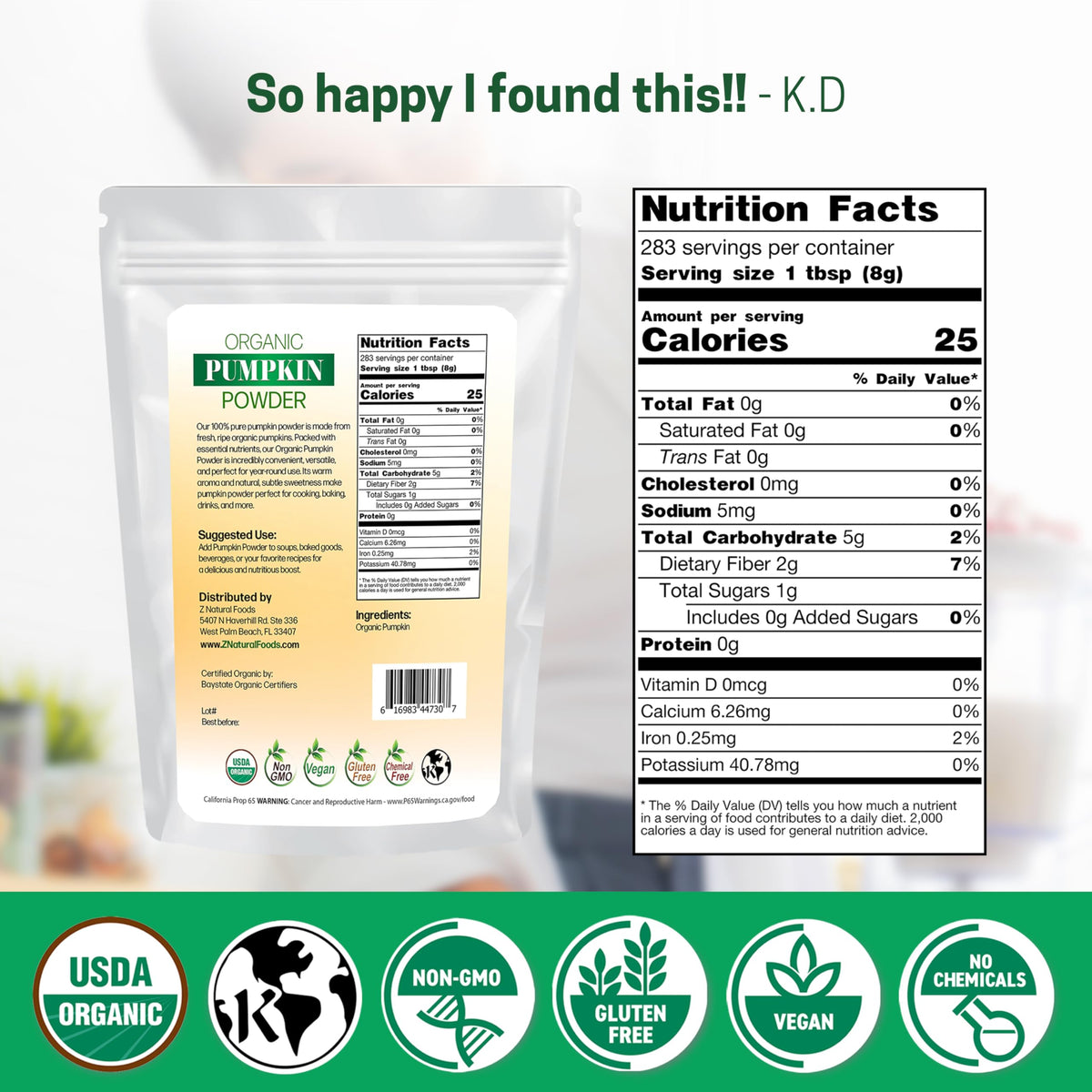Z Natural Foods Pumpkin Powder scoop 8g highlights precise portions for lattes and smoothies