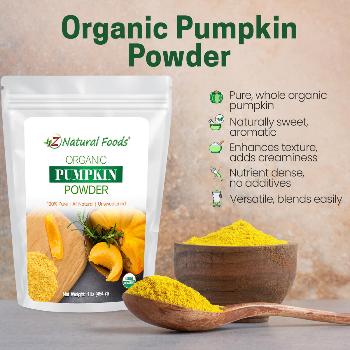 Z Natural Foods pumpkin powder scoop provides precise measurement for baking