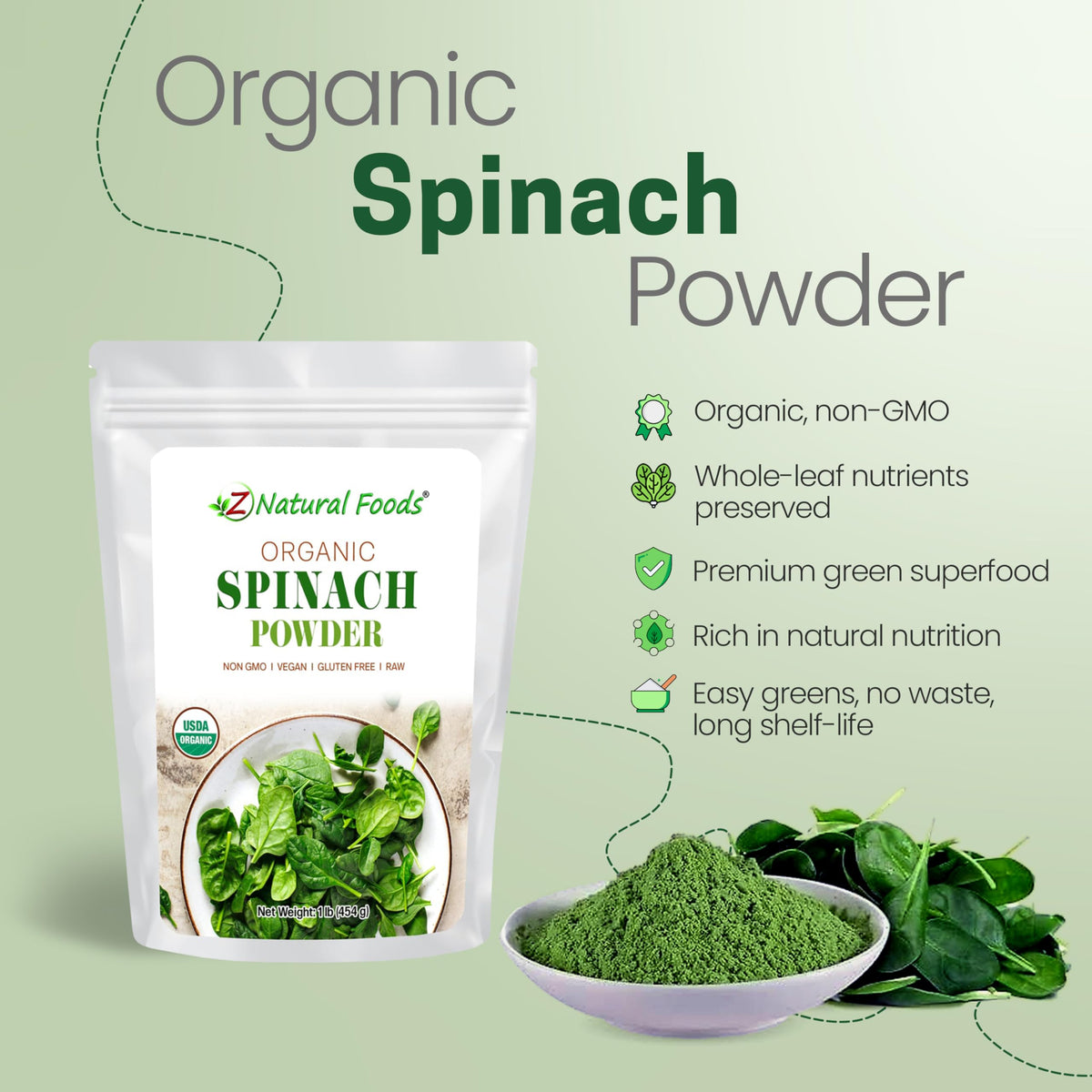 Z Natural Foods spinach powder bottle pouring into a glass for easy greens