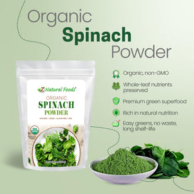 Z Natural Foods spinach powder bottle pouring into a glass for easy greens