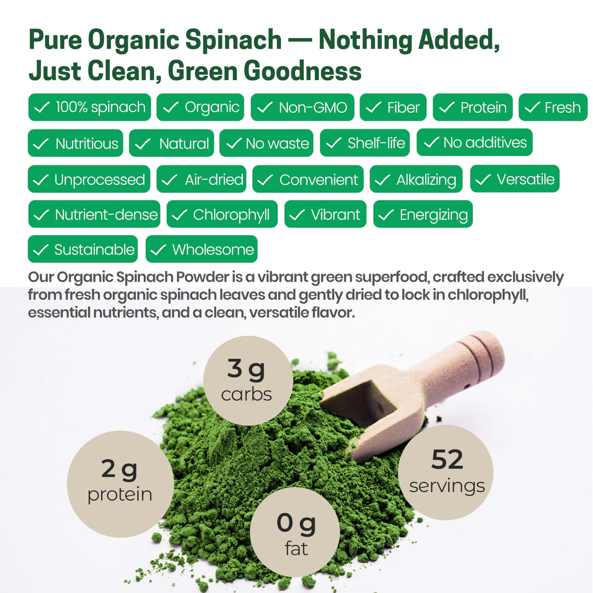 Spinach powder in a jar highlighting freshness and natural color
