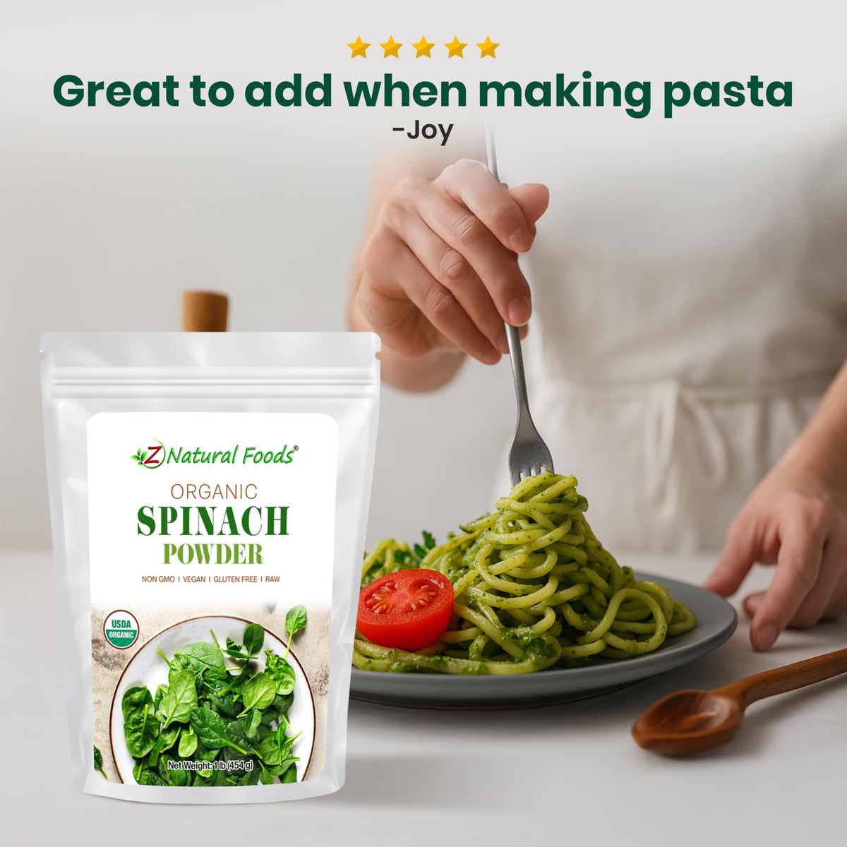 Close-up on Z Natural Foods spinach powder label shows vegan and non-GMO attributes