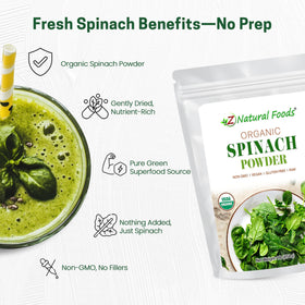 Scoop of Z Natural Foods spinach powder added to smoothie