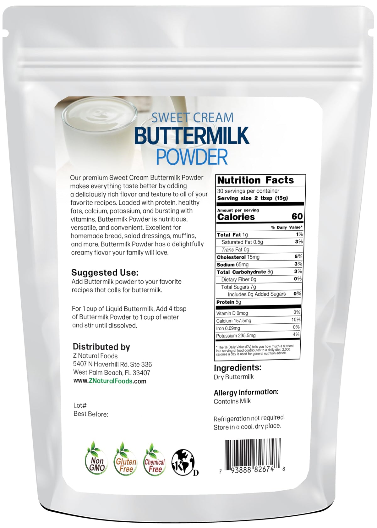 Z Natural Foods Sweet Cream Buttermilk Powder bag label highlights gluten-free, non-GMO ingredients