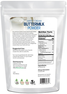 Z Natural Foods Sweet Cream Buttermilk Powder bag label highlights gluten-free, non-GMO ingredients