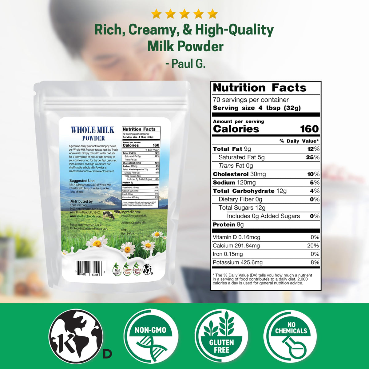Z Natural Foods whole milk powder jar closeup highlighting rich creaminess for coffee.