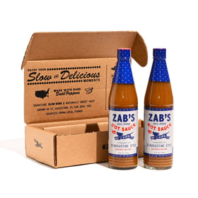 Zab's hot sauce gift set bottle showing sweet heat flavor for pizza and wings.