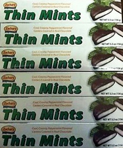 Zachary Chocolates Thin Mints box for six 5.5 oz packs, ideal for sharing.